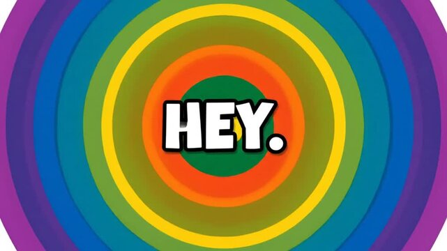Fun retro animation opening sequence with the word hey in a cartoon style with rainbow concentric circles background.