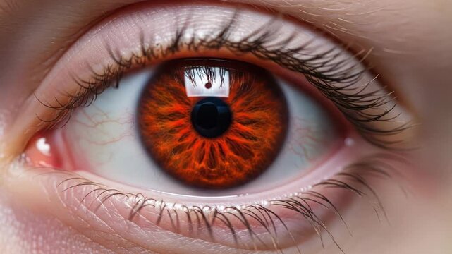 Extreme Close-Up Macro Shot of a Human Eye with Fiery Orange Iris and Black Pupil