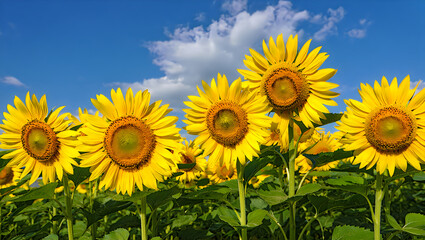 Fototapeta premium A row of bright yellow sunflowers with green leaves against a clear blue sky.