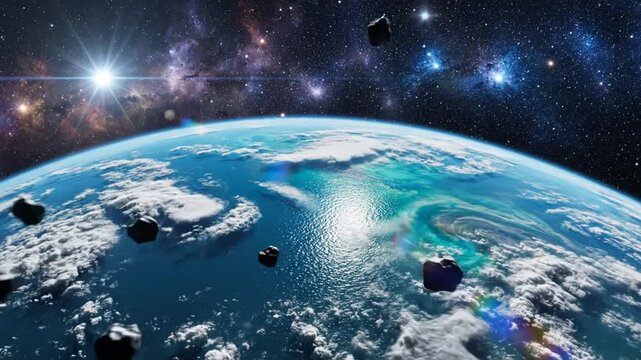 Epic depiction of asteroids approaching planet earth during a cosmic event showcasing space clouds and starlight