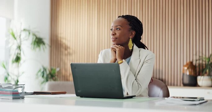 Creative, thinking and black woman in office with laptop, contemplation and inspiration for marketing. Person, reflection and computer in workplace with advertising strategy, vision or idea planning.