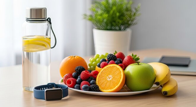 Fresh fruit and healthy drink on a kitchen counter