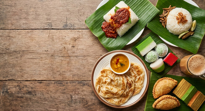 Authentic Malaysian Cuisine Flat Lay with Nasi Lemak, Roti Canai and Teh Tarik