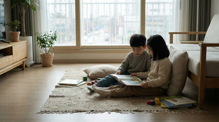 Two Children Reading Books On Floor Near Window In Cozy Home