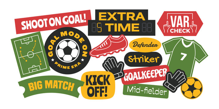 Set of Soccer or football stickers collection. Soccer sports badge, logo, patch.