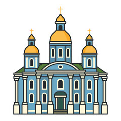 Historic orthodox cathedral with golden domes and classical columns. Illustration. Object isolated on white background.