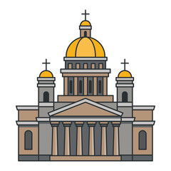 Historic orthodox cathedral with central dome and classical portico. Illustration. Object isolated on white background.