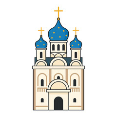 Orthodox cathedral with blue domes and golden crosses. Illustration. Object isolated on white background.