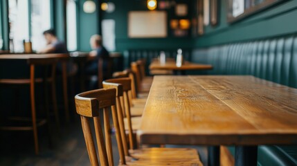A cozy, empty cafe interior with wooden tables and chairs, soft lighting, and a relaxed atmosphere.