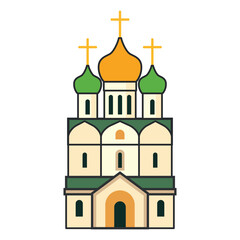 Orthodox church with green and golden onion domes. Illustration. Object isolated on white background.