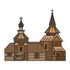 Traditional wooden orthodox church with towers and crosses. Illustration. Object isolated on white background.