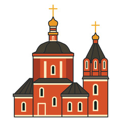 Historic red brick orthodox church with dome and bell tower. Illustration. Object isolated on white background.