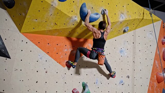 A woman rock climbing indoors on an artificial wall with various colored holds from an overhead viewpoint