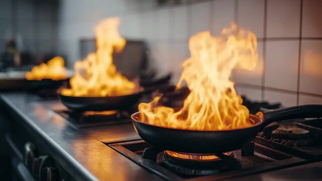 Flaming pans on a kitchen stove with intense fire burning