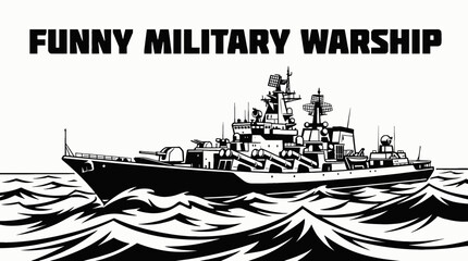 military warship boat vessel in deep ocean sea marine water defense waves horizon navigation black and white vector illustration © samira