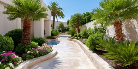 Fototapeta premium Tropical garden landscape with paved walkway and palm trees