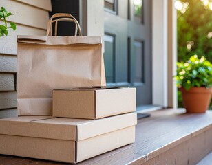 Contactless eco food delivery packaging scene
Kraft boxes at doorstep, paper bag with logo space, soft daylight, realistic branding mockup.