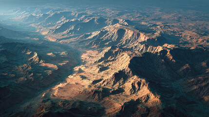 Desert plateau aerial, textured flat terrain with sparse vegetation, sunlight highlighting surfaces, emphasizing desert landscape textures, geological patterns, and aerial view.