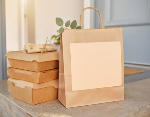 Contactless eco food delivery packaging scene
Kraft boxes at doorstep, paper bag with logo space, soft daylight, realistic branding mockup.