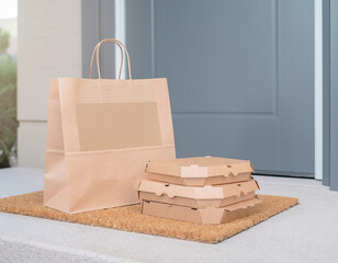 Contactless eco food delivery packaging scene
Kraft boxes at doorstep, paper bag with logo space, soft daylight, realistic branding mockup.