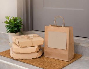 Contactless eco food delivery packaging scene
Kraft boxes at doorstep, paper bag with logo space, soft daylight, realistic branding mockup.
