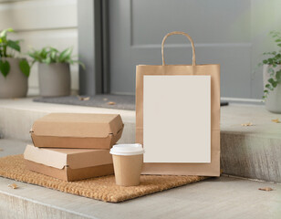 Contactless eco food delivery packaging scene
Kraft boxes at doorstep, paper bag with logo space, soft daylight, realistic branding mockup.