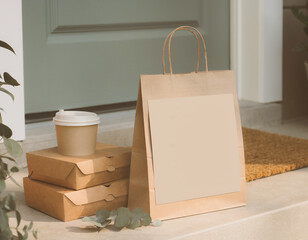 Contactless eco food delivery packaging scene
Kraft boxes at doorstep, paper bag with logo space, soft daylight, realistic branding mockup.
