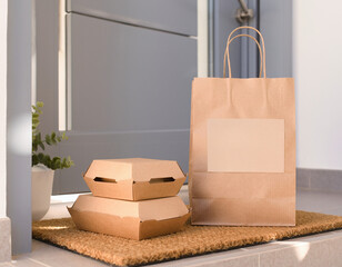 Contactless eco food delivery packaging scene
Kraft boxes at doorstep, paper bag with logo space, soft daylight, realistic branding mockup.