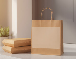 Contactless eco food delivery packaging scene
Kraft boxes at doorstep, paper bag with logo space, soft daylight, realistic branding mockup.