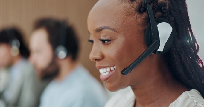 Business, woman and talk with headset at call centre for consulting, customer service and advice, Agent, coworking and mic for online query, client support and crm discussion for technical assistance