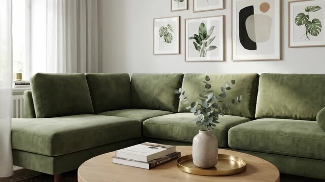 Modern Living Room with Green Sectional Sofa and Art.