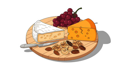 Cheese platter with grapes, nuts, and a cheese knife