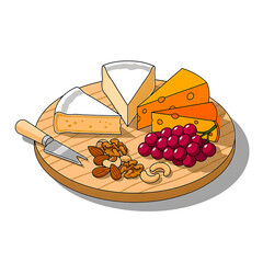 Variety cheese platter with grapes, nuts, and cheese knife