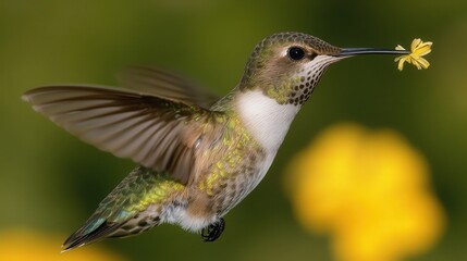Fototapeta premium A hummingbird in flight with a small yellow flower in its beak, set against a blurred green and yellow background.