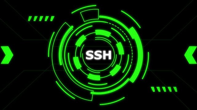 SSH secure connection digital encryption glowing neon green cybersecurity technology background.