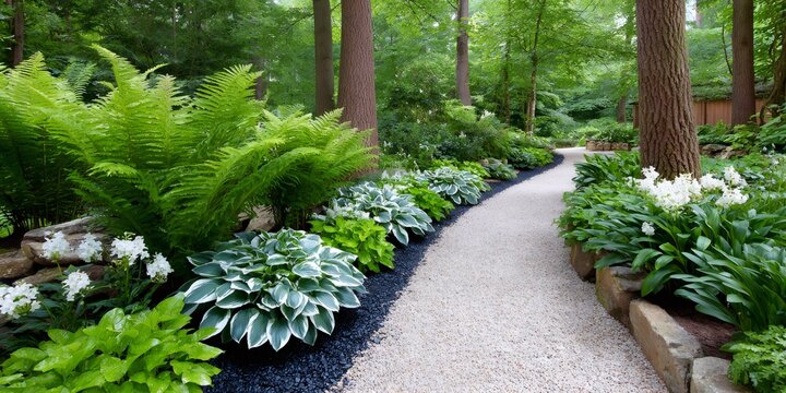 Woodland garden path with ferns and hostas