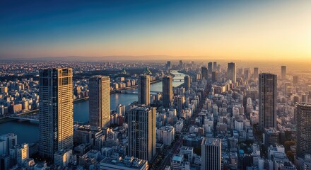 Obraz premium Modern Urban Landscape Golden Sunrise of a Thriving Metropolis High Rise Buildings in Cityscape at Dawn 110 chars