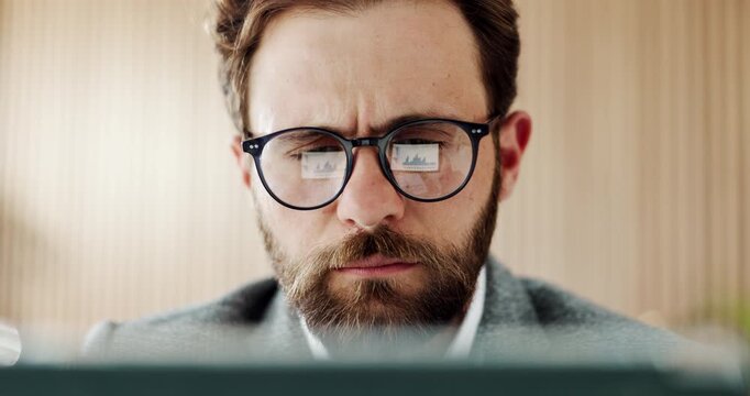 Businessman, analyst or glasses with laptop for performance review or statistics in office. Man, broker or data analysis with graph or chart for company report, progress or development in reflection
