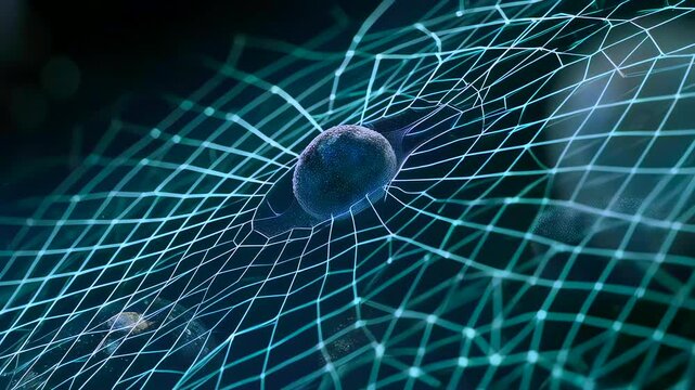 Symbiotic microorganisms interacting with human cells, biotech neural mesh with motile cells, glowing jelly fishlike organisms drifting across luminescent grid, fine filaments connecting nodes