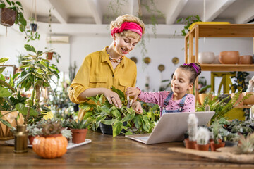 A mother and daughter are working together, tending to plants in a bright, inviting indoor garden setting © sofiko14