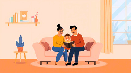 Fototapeta premium Family sitting together on a couch in a cozy living room scene illustration