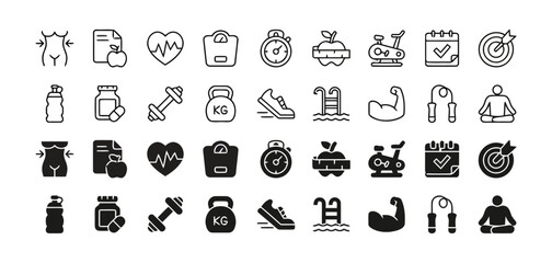 Collection of black and white fitness icons representing healthy lifestyle and sports © sorov