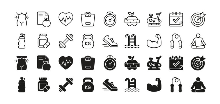 Collection of black and white fitness icons representing healthy lifestyle and sports