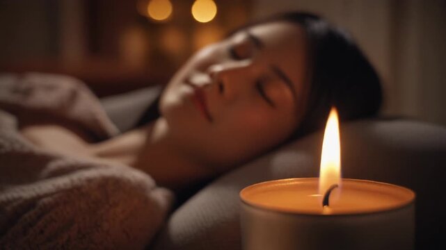 アロマキャンドルを焚いてリラックスする女性