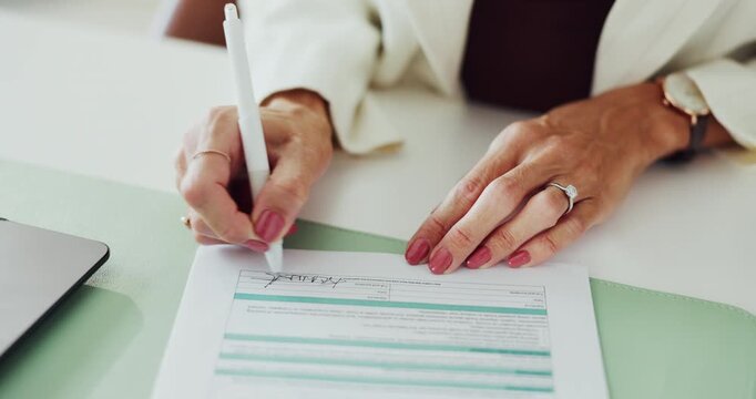Woman, hands and signing with contract for job application, legal agreement or policy in office. Female person, writing or signature with document or form for career or registration in workplace