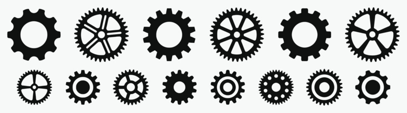 Collection of black gear icons and symbols representing mechanical engineering and industry