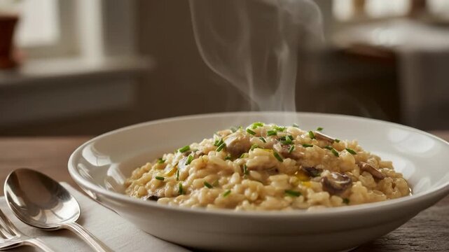 Steaming bowl of risotto with fork and spoon on wooden table.