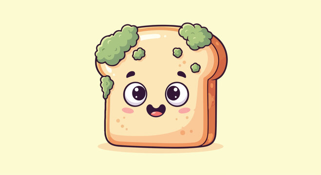 Cartoon slice of bread with mold on it against a pale yellow background, conveying a playful mood with a close-up view.