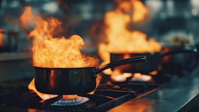 A large pan on a stove with flames rising from it in a kitchen setting with other pans