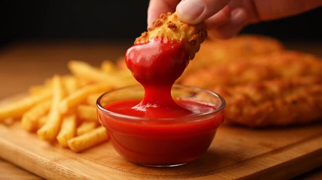 Dipping Crispy Chicken Nugget into Tomato Ketchup Bowl with French Fries